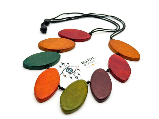 Chunky Wood Statement Necklace Boho Dyed Oval Beads Adjustable Green Orange Red