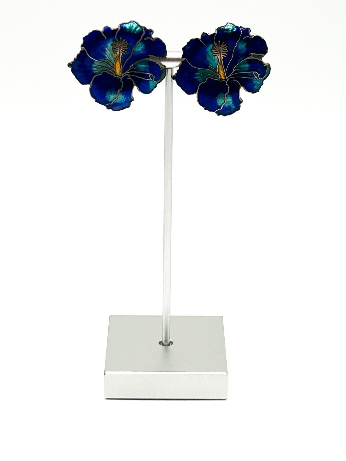 Vintage Cobalt Blue Hibiscus Cloisonné Enamel Flower Statement Stud Earrings