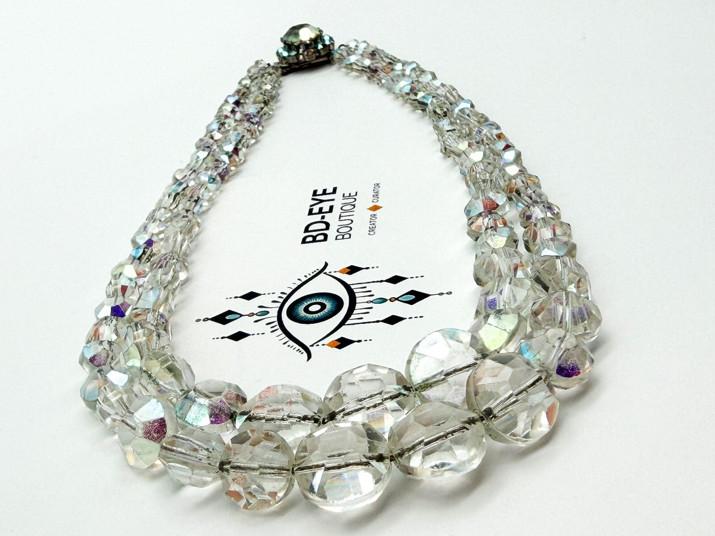 Vintage Aurora Borealis Crystal Glass Double Strand Necklace Rhinestone Clasp