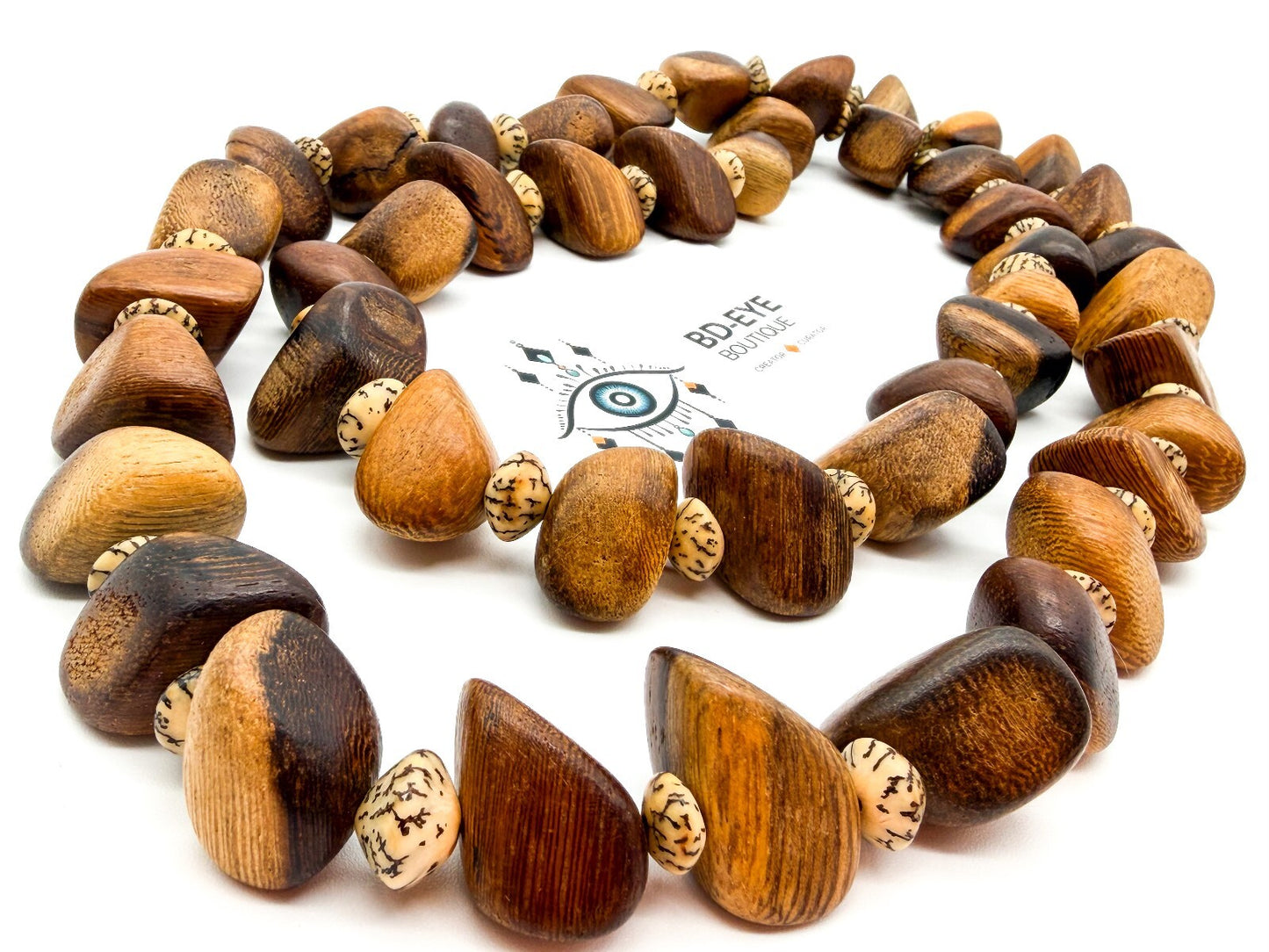 Vintage Wood & Tagua Nut Statement Necklace Long Boho Natural Wooden Beads