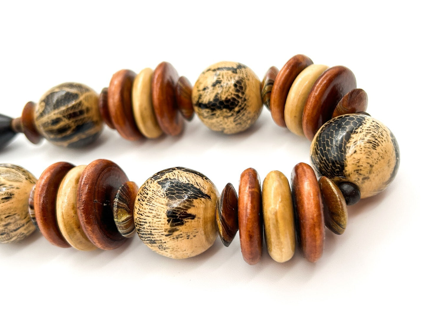Vintage Chunky Wood Necklace Snakeskin Effect Beads Boho Statement 23”