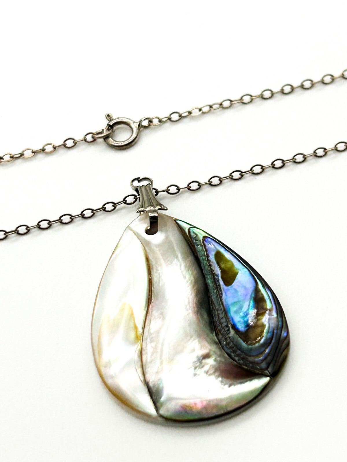 Vintage Sterling Silver Chain Abalone Mother of Pearl Teardrop Pendant Necklace