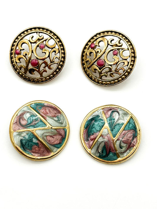 Vintage Gold Tone Filigree Stud Earrings & Pastel Enamel Clip On Earrings Pair