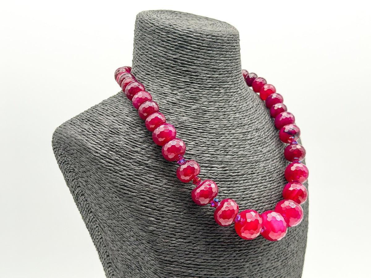 Chunky Ruby Red Quartz Necklace Faceted Magenta Gemstone Statement Toggle Clasp