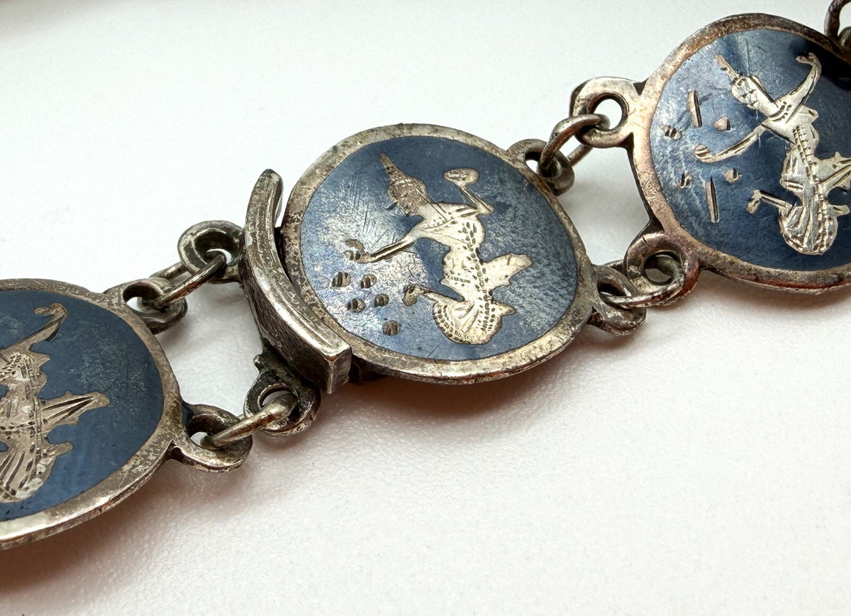 Vintage Siam Sterling Silver Niello Bracelet Thai Dancer Panels 7.5”