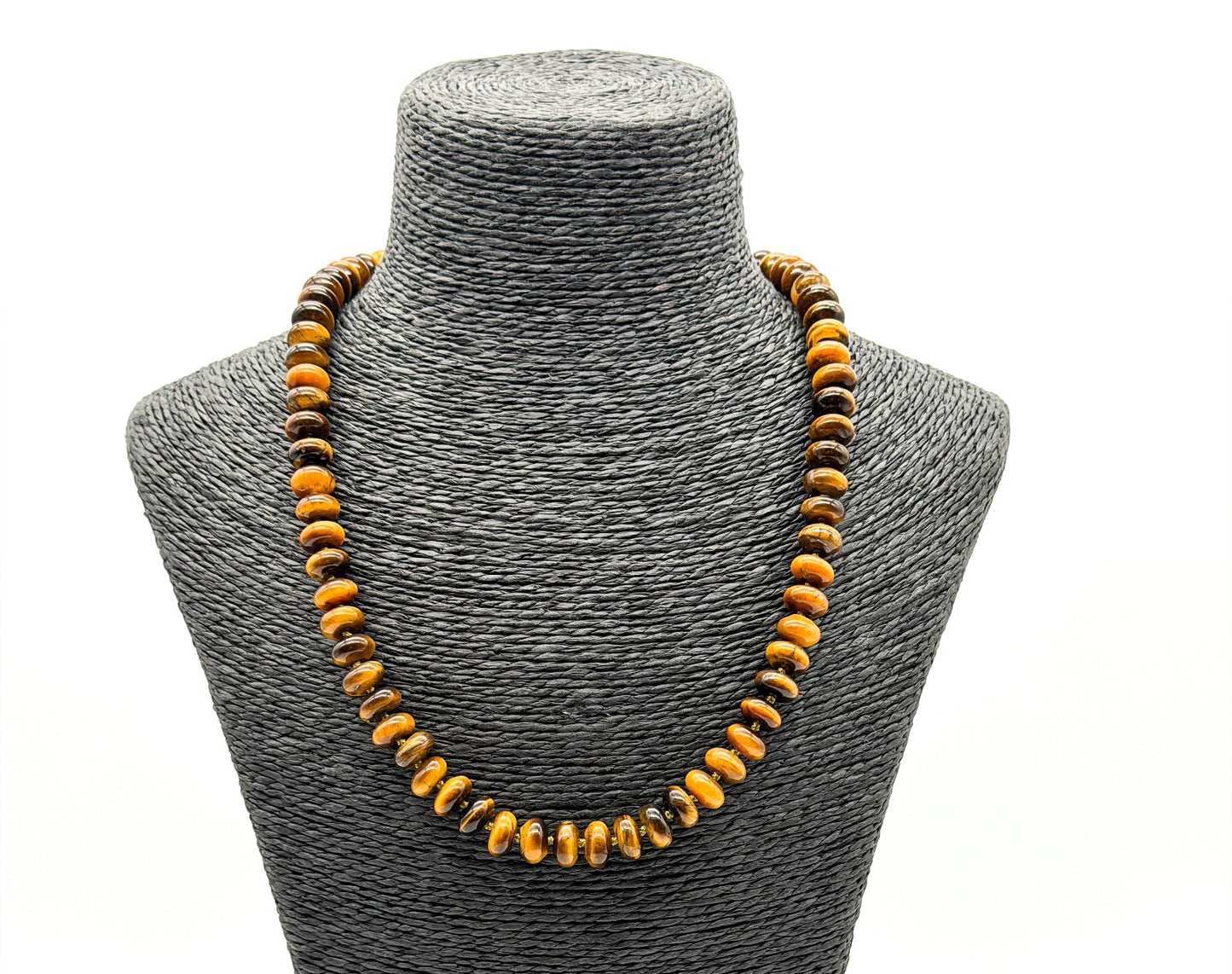 Tiger Eye Disc Bead Necklace Hand Knotted 925 Sterling Silver Clasp Boho 20" 66g