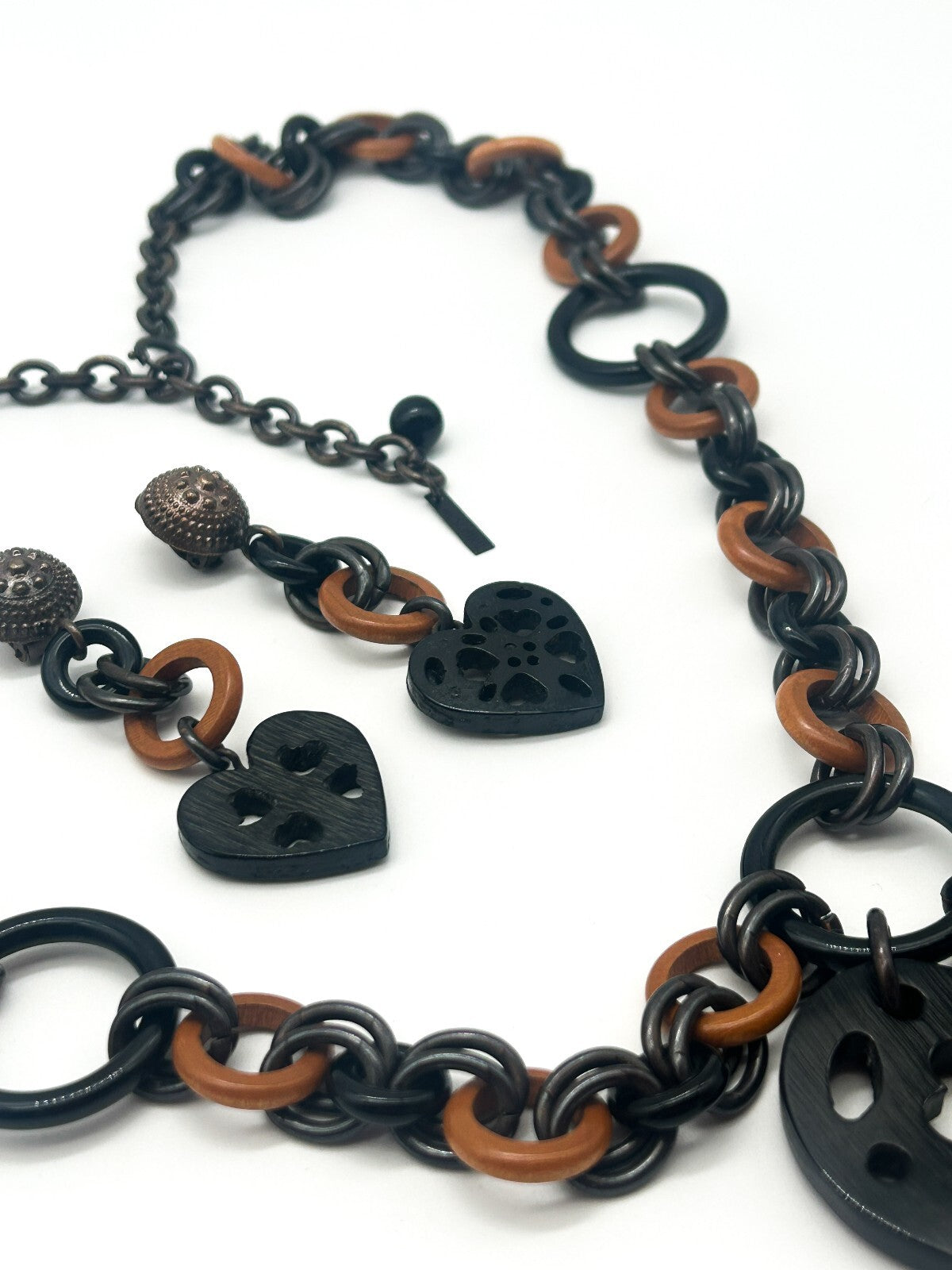 Vintage Moschino Black Acrylic Heart Pendant Necklace & Clip-On Earrings Set