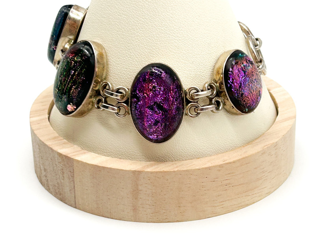 925 Sterling Silver Dichroic Glass Bracelet Purple Pink Artisan Panel Bracelet