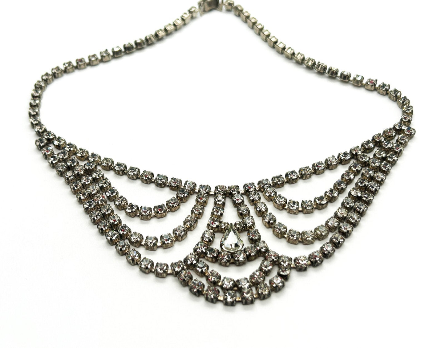 Vintage Rhinestone Bib Necklace Silver Tone Draped Cup Chain Bridal Statement