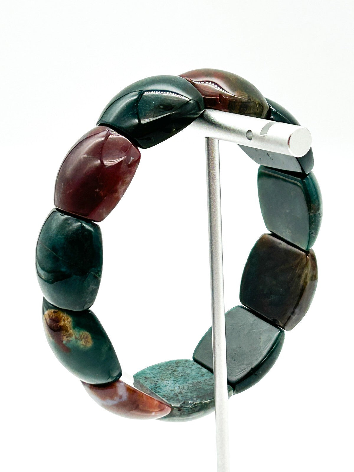 Chunky Bloodstone Jasper Stretch Bracelet Green Red Gemstone Elastic Bracelet