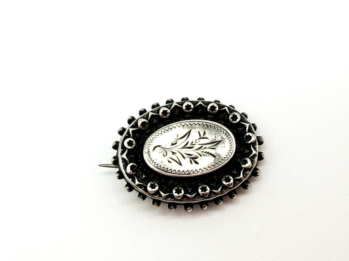 Antique Victorian Silver Tone Floral Engraved Oval Brooch Hinged Pin C Clasp