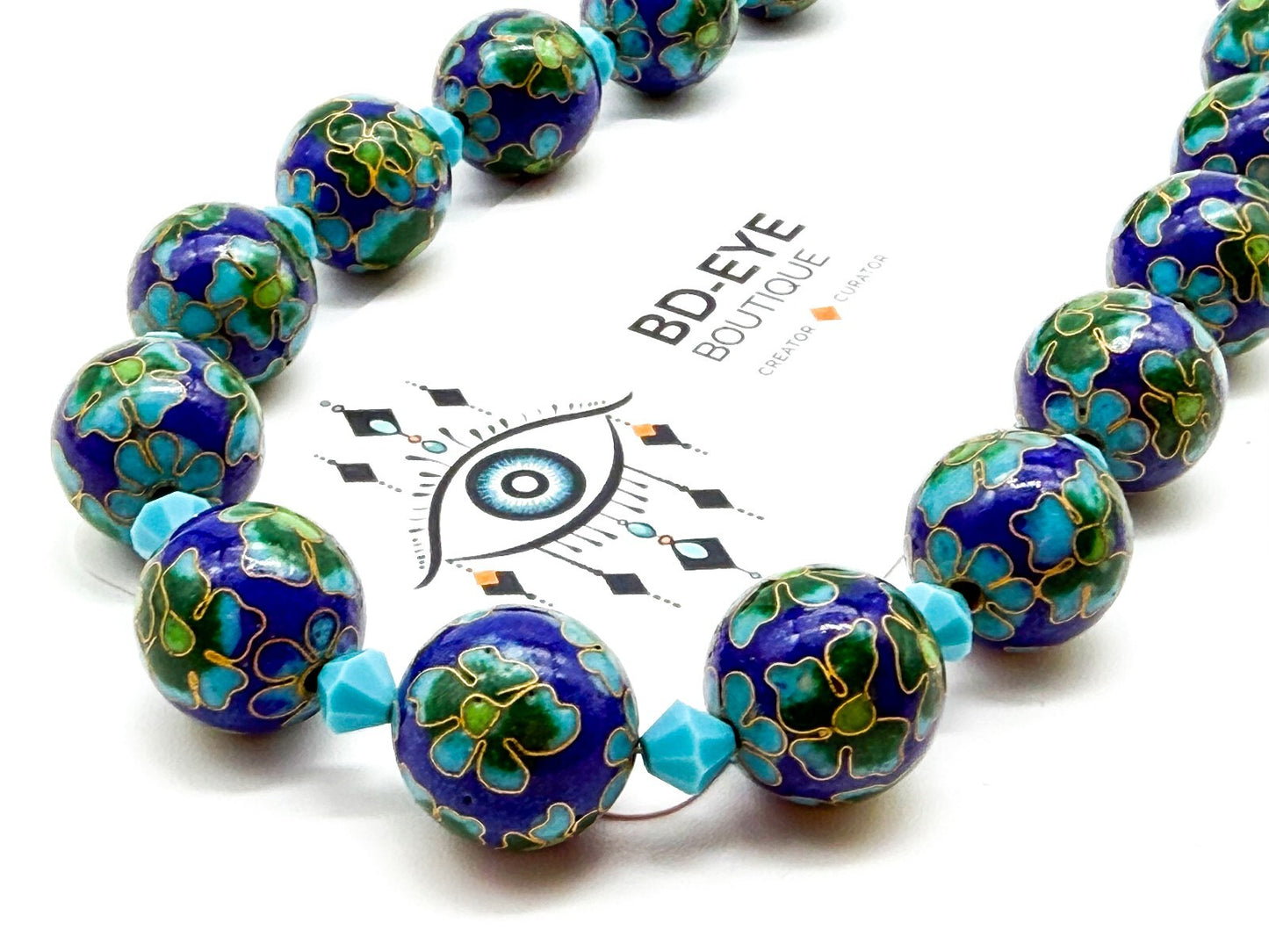 Cloisonné Enamel Bead Necklace Blue Green Floral Artisan Toggle Statement