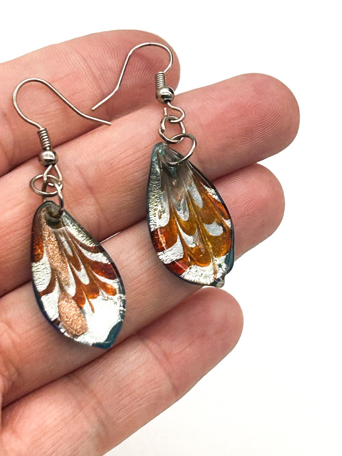Vintage Blue Copper Metallic Art Glass Drop Earrings Teardrop Foil Glass Dangle