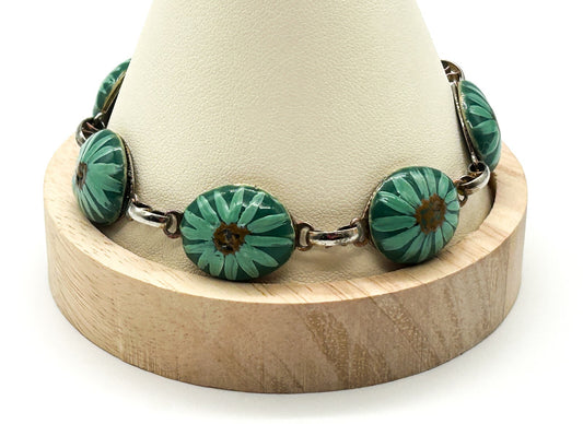 Vintage Hand Painted Ceramic Panel Bracelet Teal Green Floral Link Bracelet 8.5”