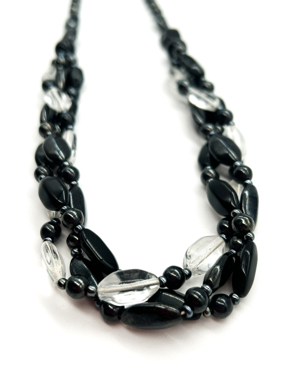 Vintage Black Clear Glass Triple Strand Twist Necklace Statement Beaded 26.5”