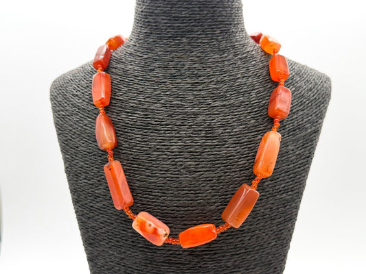 Vintage Carnelian Necklace Large Rectangular Gemstone Beads Orange Red 22”