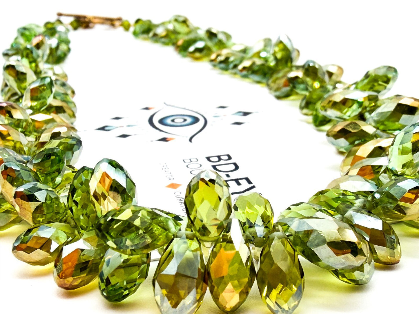 Swarovski Beads Green Crystal Necklace Faceted Teardrop Beads Gold Tone Toggle
