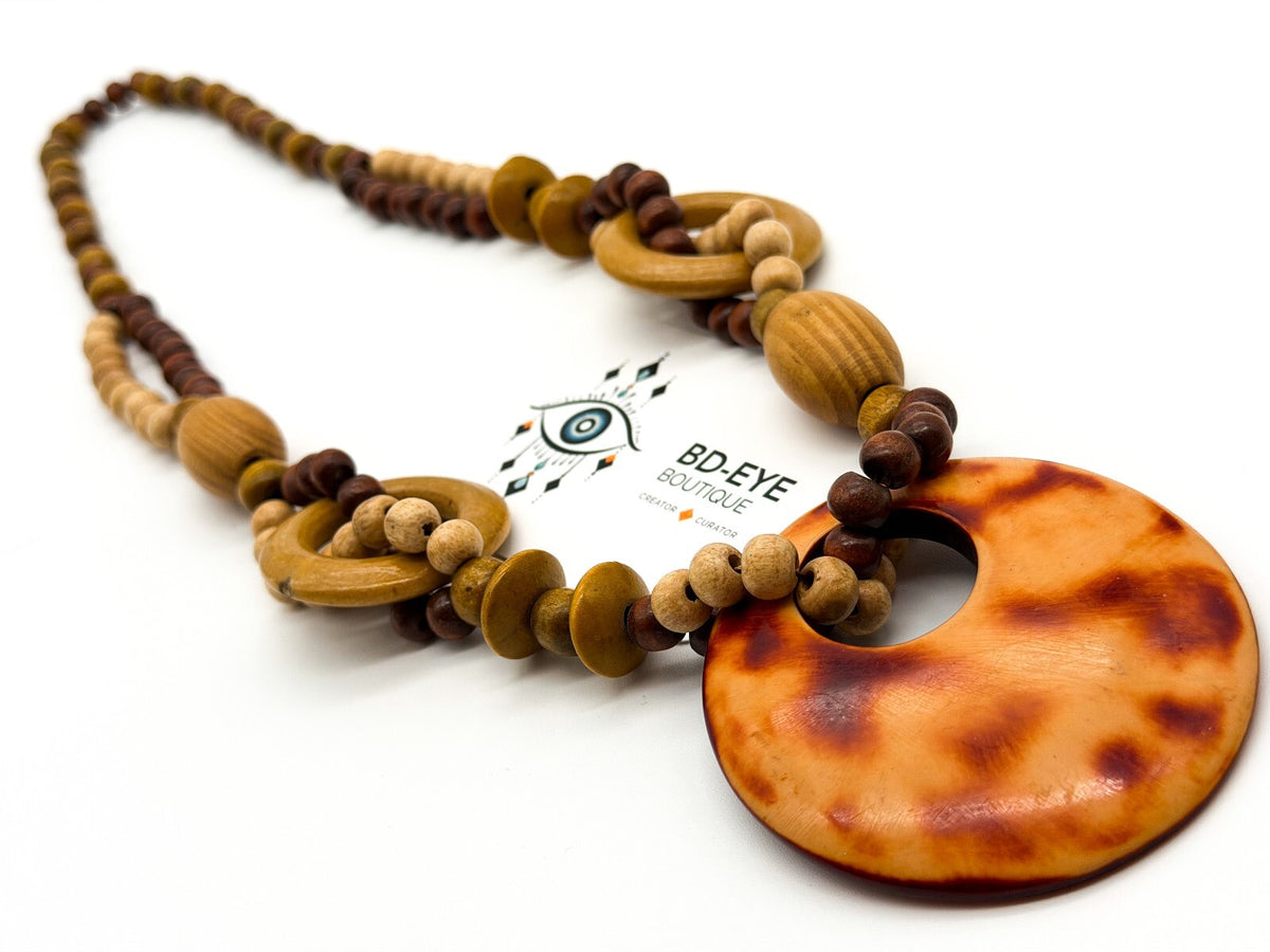 Boho Wood & Resin Statement Necklace Large Disc Pendant Natural Wooden Beads