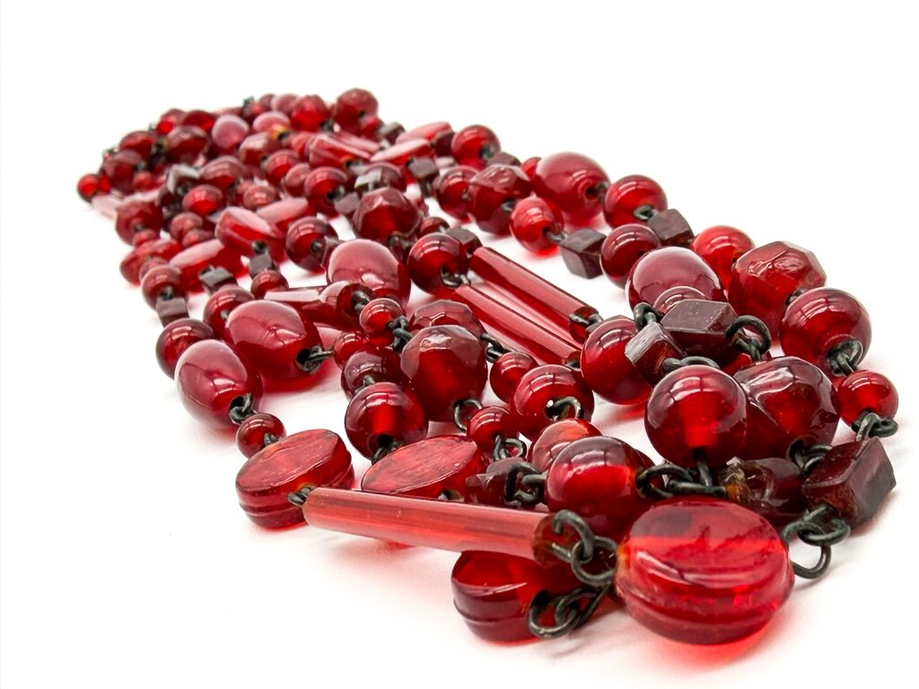 Vintage Red Glass Tube Disc & Oval Bead Necklace Long Layering Continuous Strand