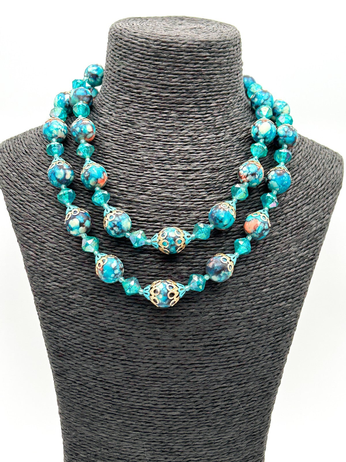 Vintage Hong Kong Double Strand Turquoise Marble Bead Necklace Blue Statement