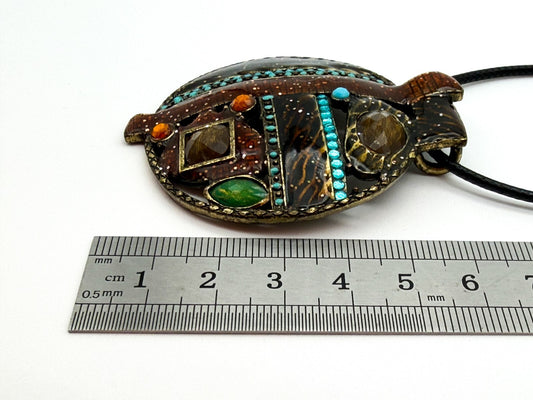 Ikita Paris Statement Pendant Necklace Brown Enamel Turquoise Rhinestone Cord