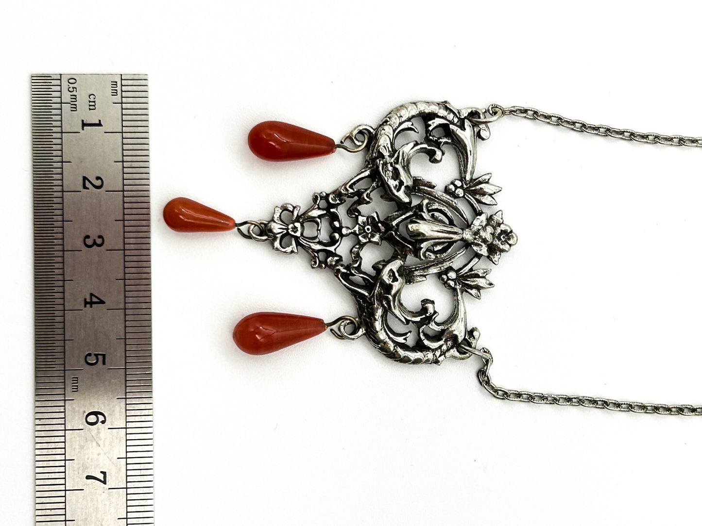 Vintage Art Nouveau Style Pendant Necklace Silver Tone Orange Glass Drops