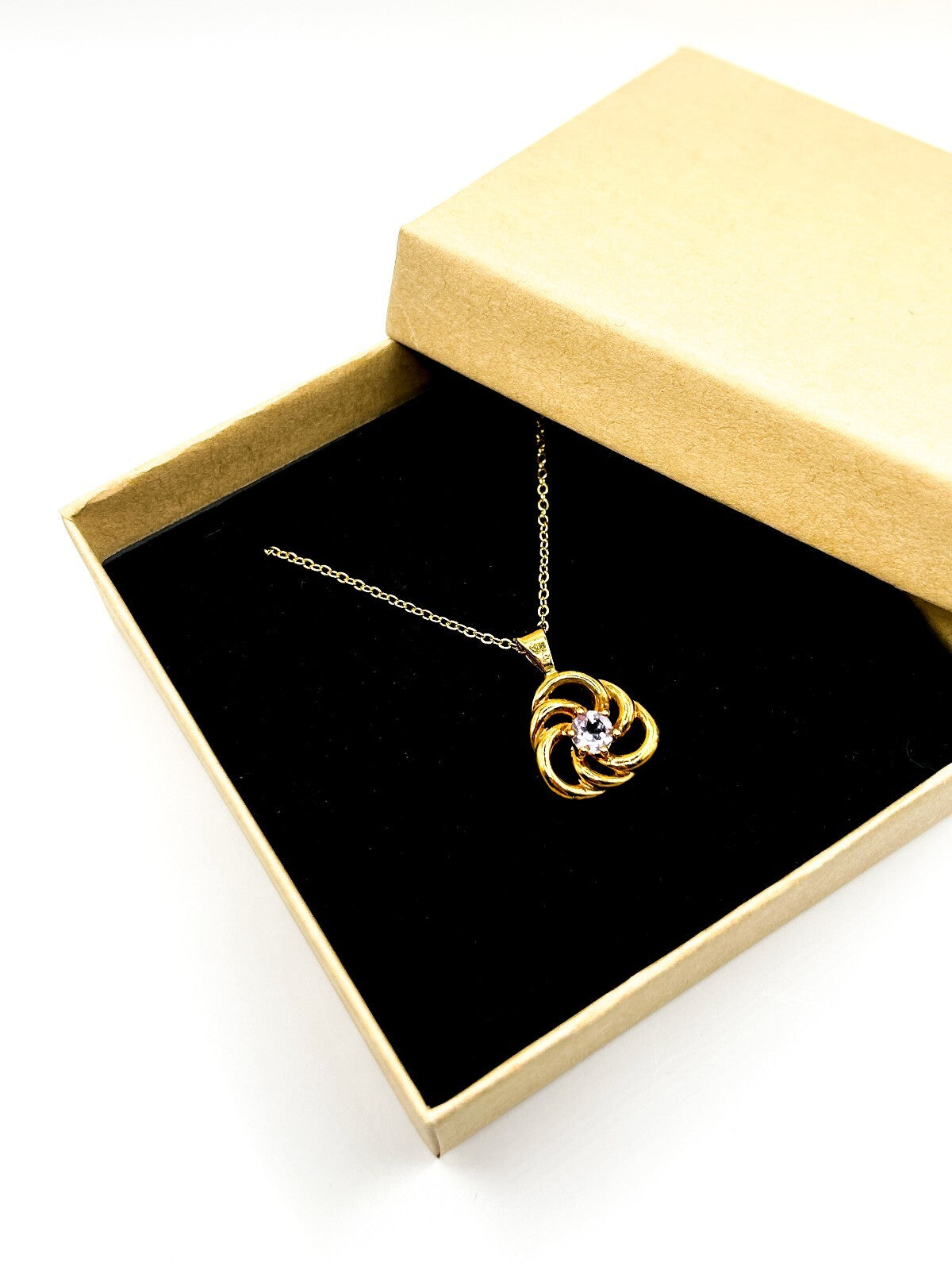 Amethyst Gemstone Swirl Pendant Necklace Gold Tone Fine Chain 17.5”