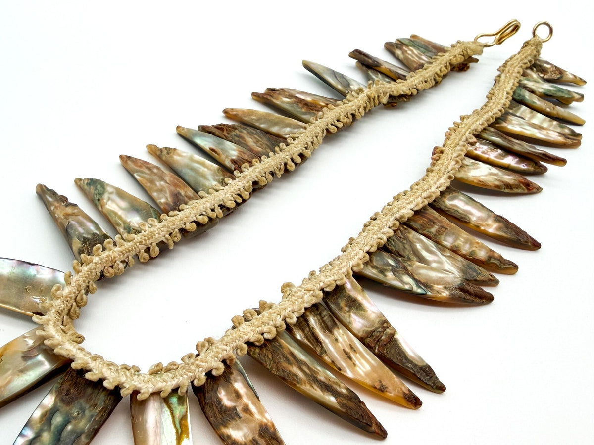 Vintage Abalone Shell Feather Spike Necklace Lace Beaded Statement 17” Boho