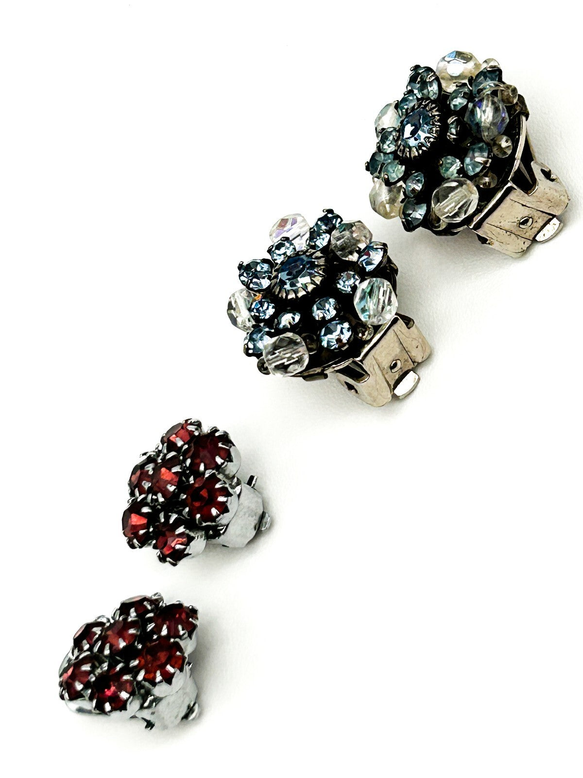 Vintage Clip On Rhinestone Earrings Bundle Blue Clear Pink Red Flower Cluster