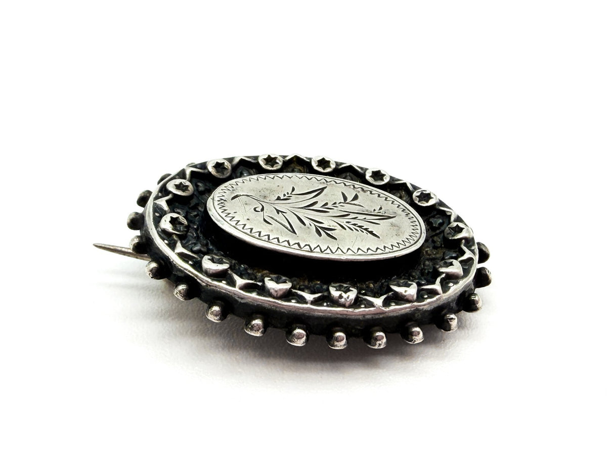 Antique Victorian Silver Tone Floral Engraved Oval Brooch Hinged Pin C Clasp