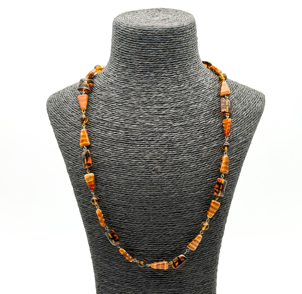 Vintage Amber Art Glass Necklace Givre Black Stripe Geometric Beads 24.5 Inch