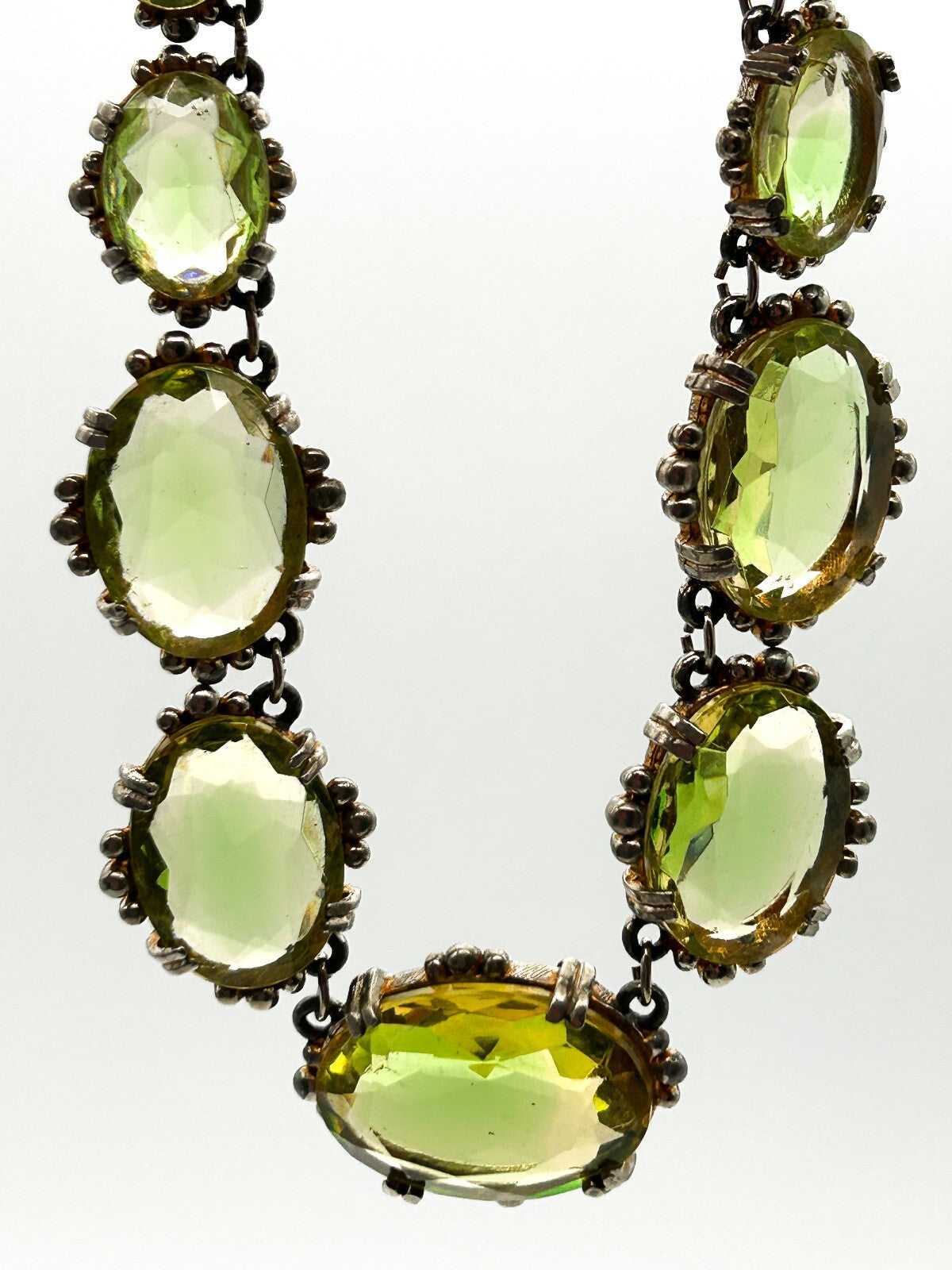 Vintage Lime Green Yellow Faceted Glass Statement Necklace Prong Oval Crystal