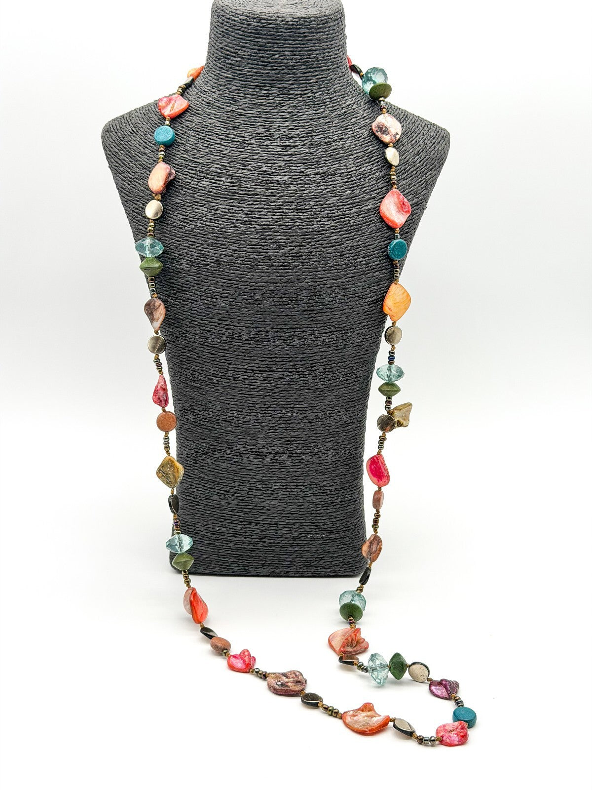 Boho Long Hand Knotted Shell Wood Acrylic Bead Statement Necklace Multicolour