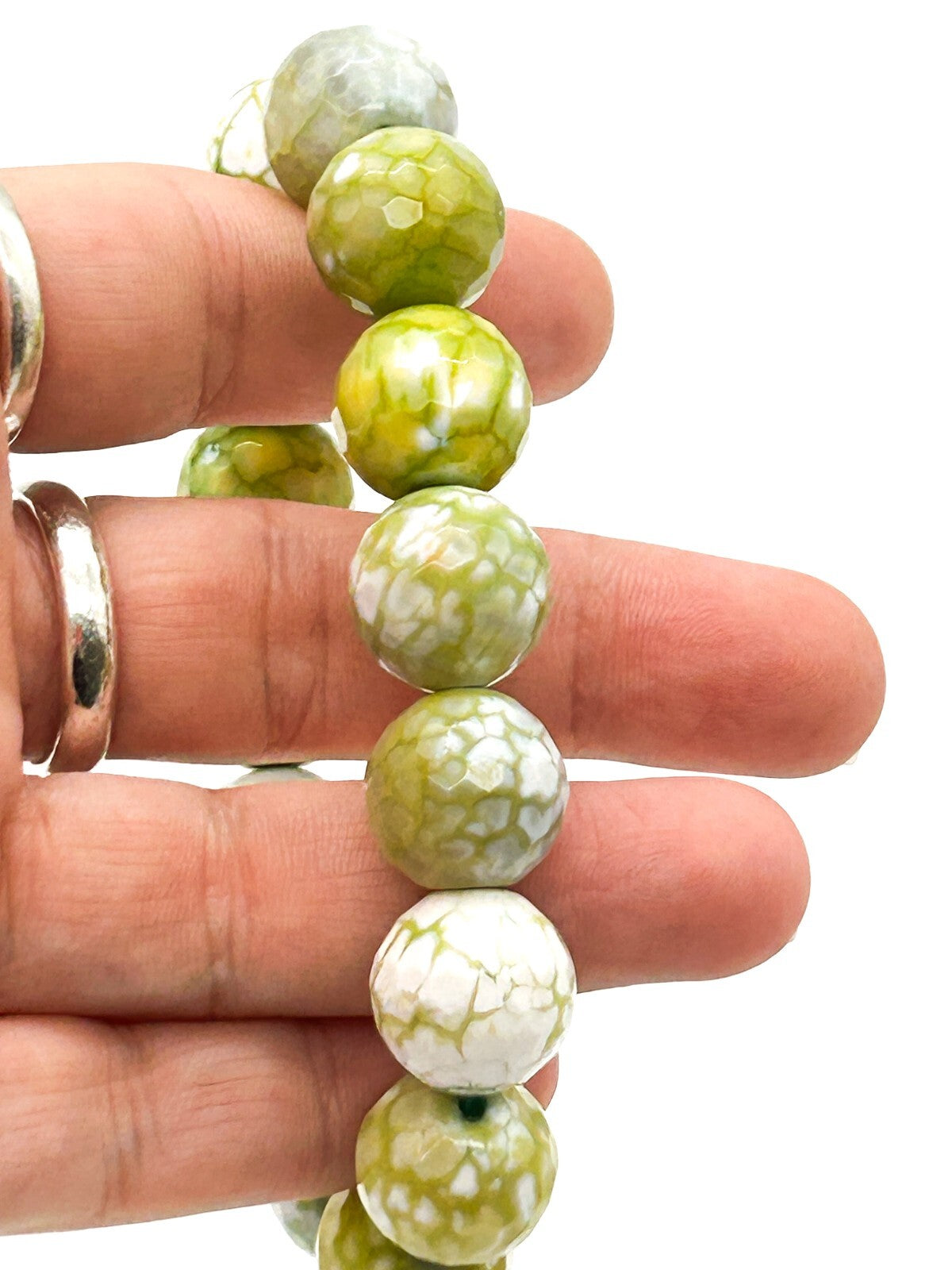 Lime Green White Crackle Agate Stretch Bracelet Faceted Gemstone Bead Summer