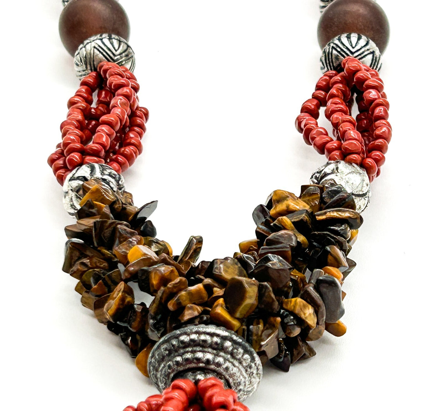Vintage Tiger’s Eye Amber 6 Strand Tassel Necklace Red Glass Boho Statement