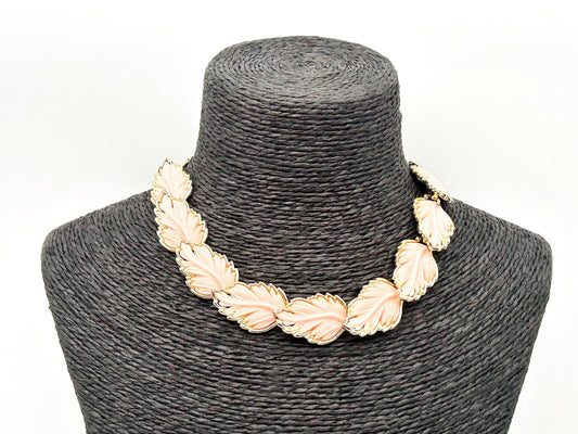 Vintage Pink Thermoset Lucite Leaf Necklace Silver Tone Articulated Leaves