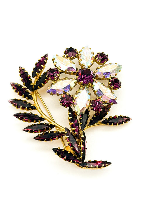 Vintage 1950s Aurora Borealis Purple Rhinestone Floral Brooch Gold Tone C Clasp