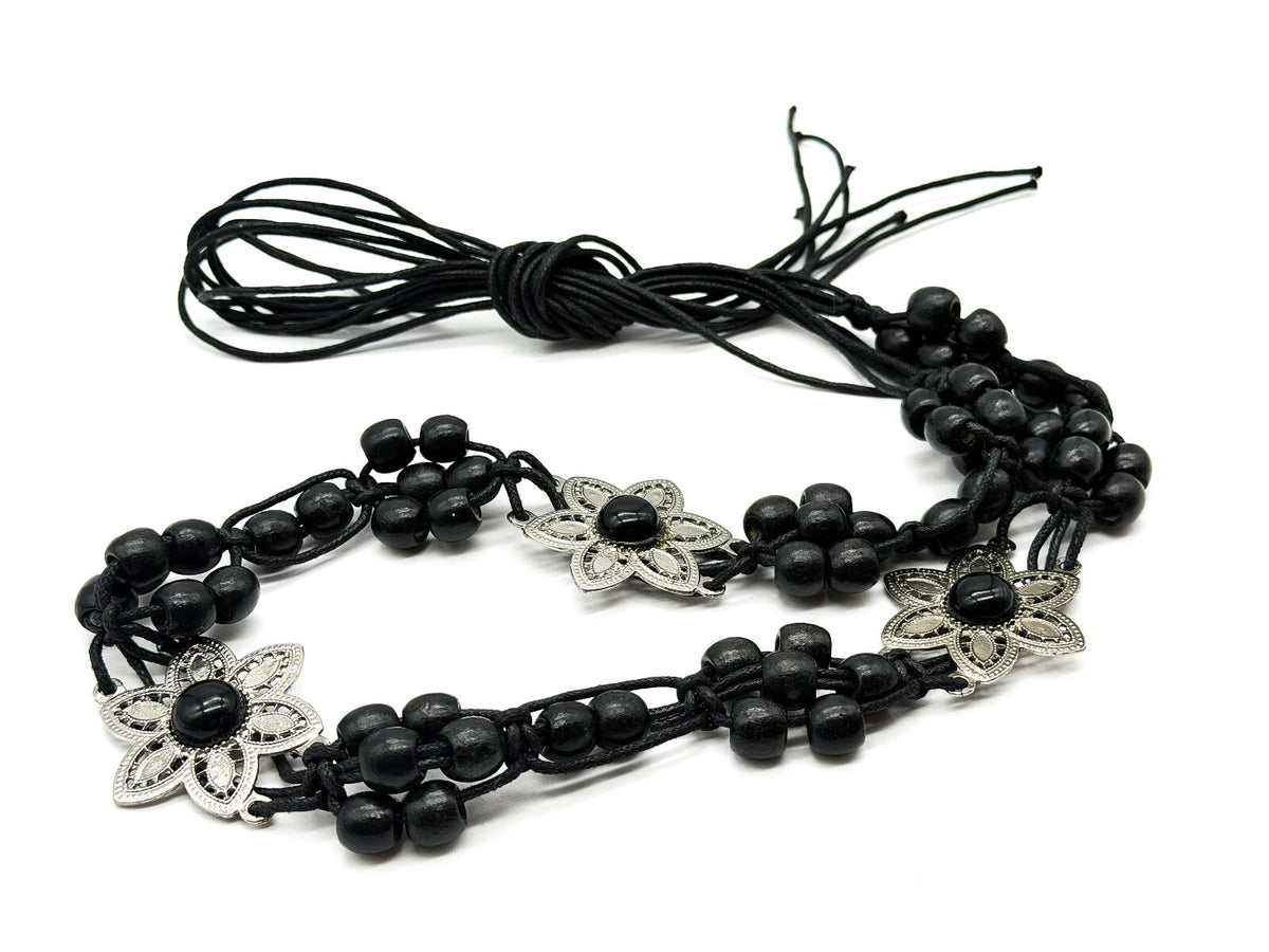 Vintage Black Wooden Bead Tie Belt Multi Strand Boho Floral Silver Tone