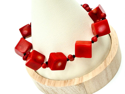 Vintage Red Coral Cube Bead Bracelet Glass Spacers Coral Slice Charm
