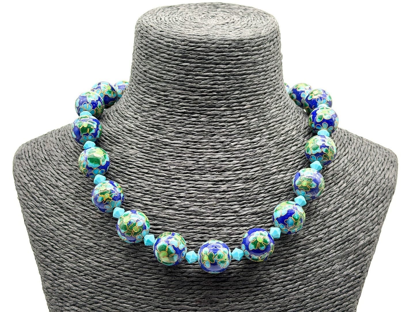 Cloisonné Enamel Bead Necklace Blue Green Floral Artisan Toggle Statement