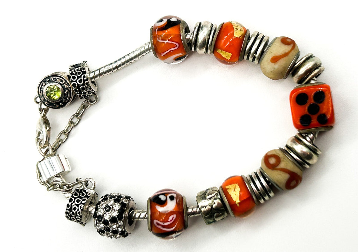 Orange Glass Charm Bracelet European Beads Yin Yang Dice 925 Sterling Charm