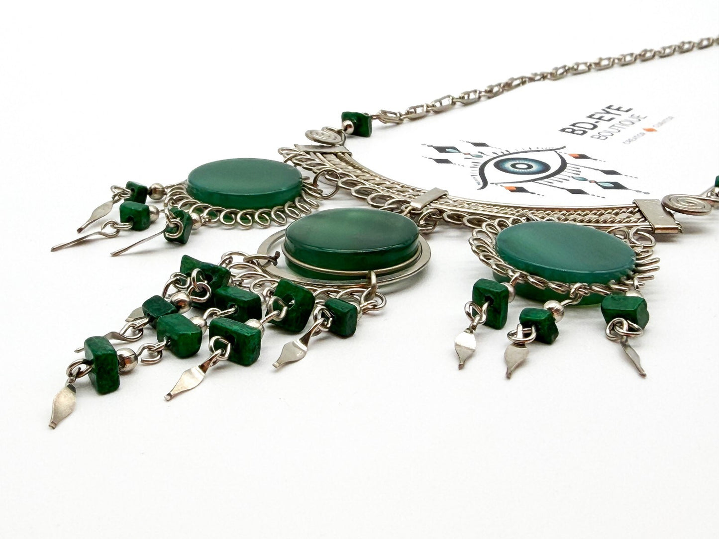 Peruvian Alpaca Silver Green Agate Necklace Earrings Set Malachite Bib Statement