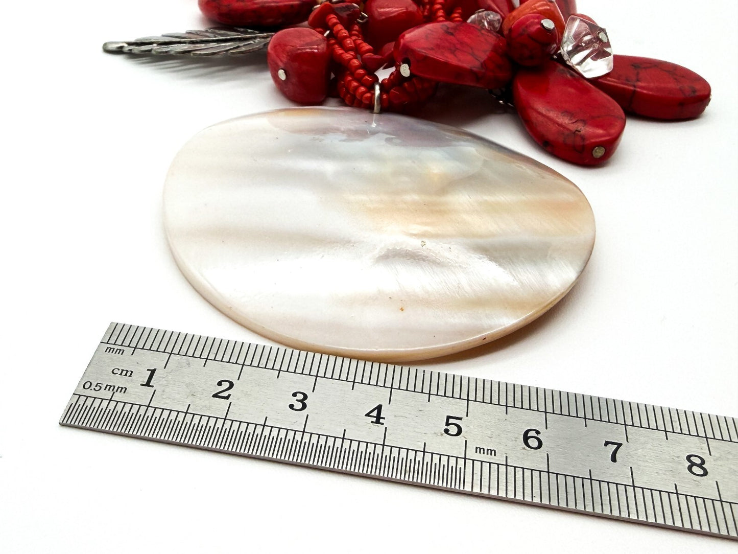 Red Coral Mother of Pearl Floral Necklace Multi Strand Boho Statement Flower