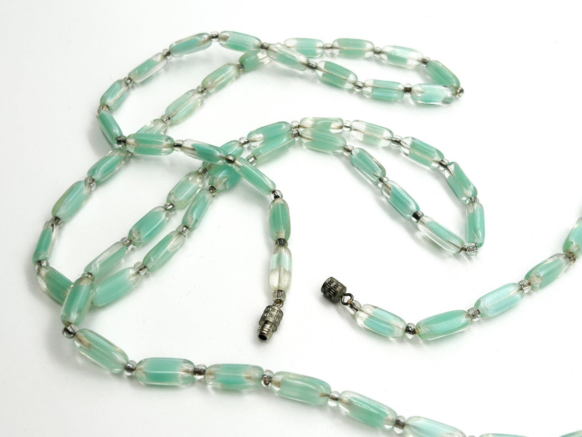 Vintage Czech Givre Glass Necklace Spearmint Blue Green Beads Long 23.5”