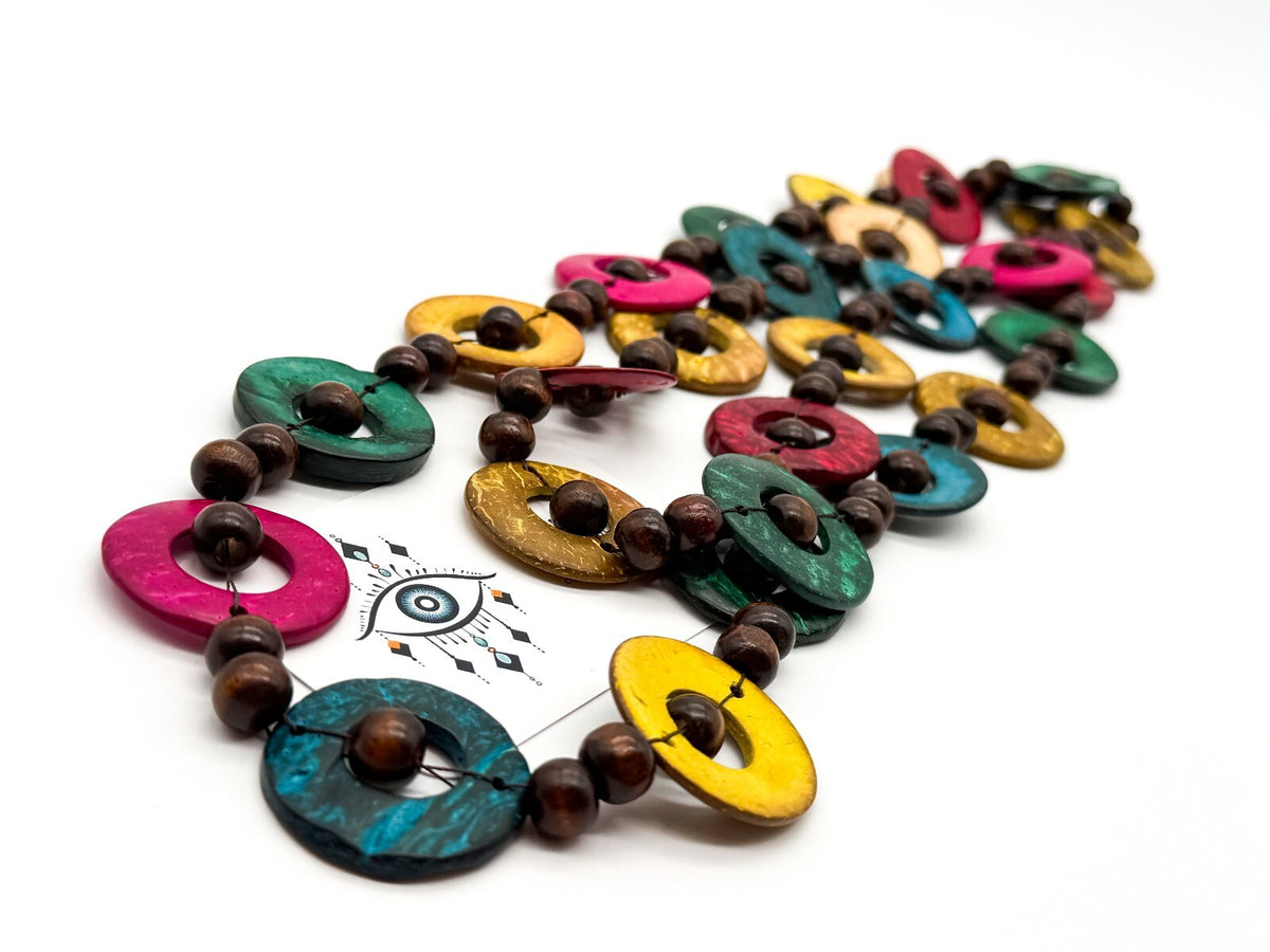 Colourful Dyed Coconut Shell & Wood Bead Necklace Boho 28” Long Festival