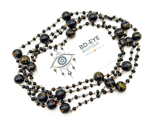 Vintage Murano Art Glass Flapper Necklace Black Orange Green Swirl Beads 26.5”