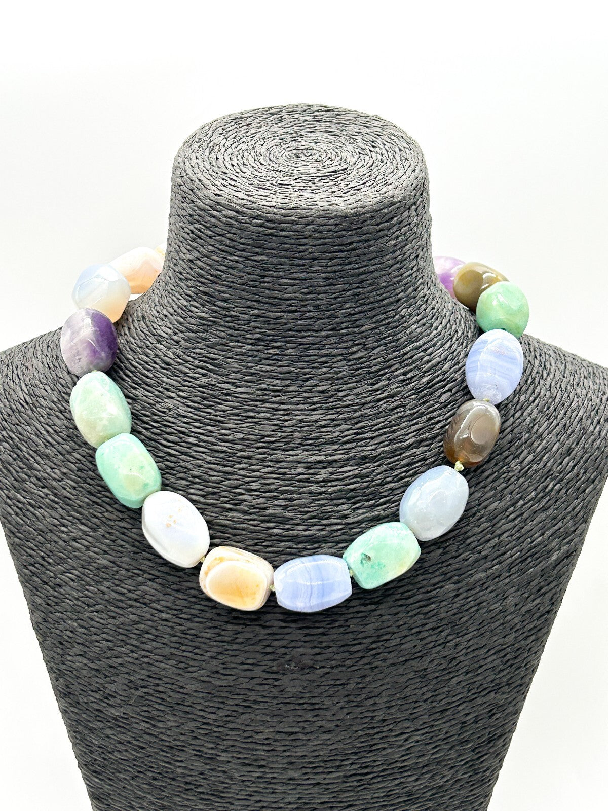 Chunky Semi Precious Gemstone Necklace Banded Agate Blue Lace Amethyst Calcite