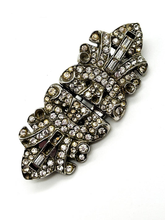 Vintage Rhinestone Duette Brooch Dress Clips Art Deco Style For Restoration