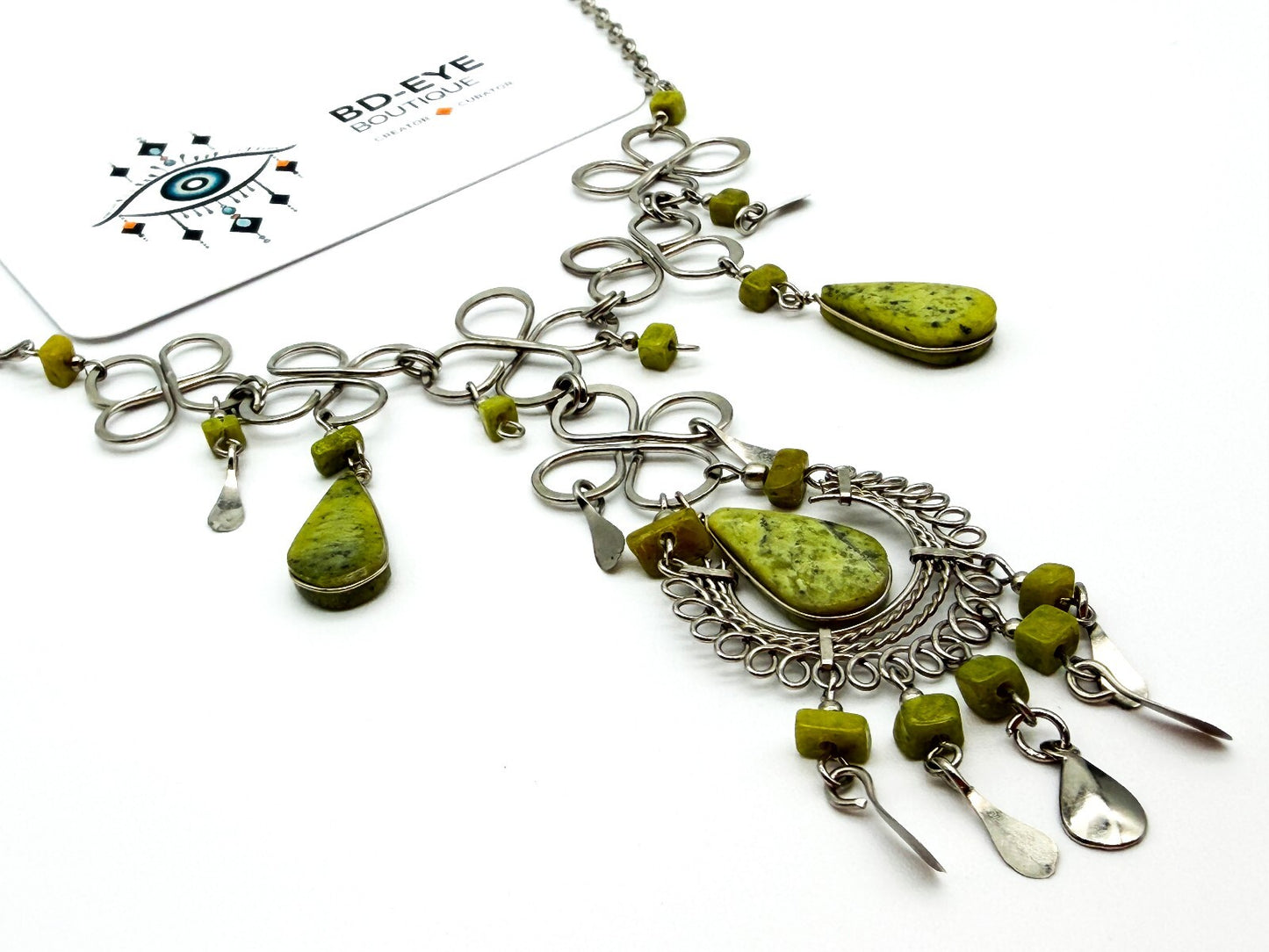 Peruvian Alpaca Silver Serpentine Necklace Earrings Set Wirework Floral Bib