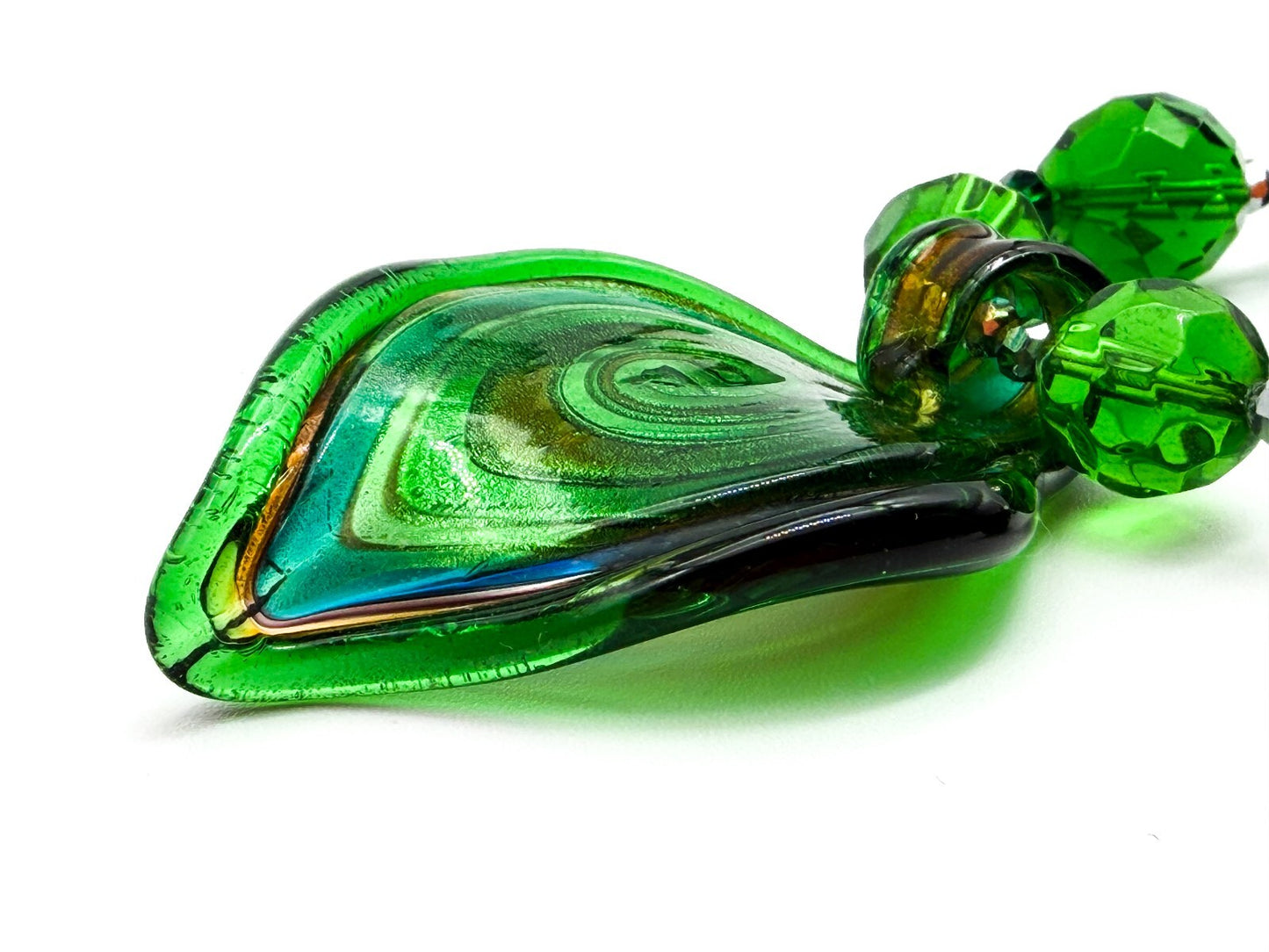 Murano Style Swirl Art Glass Pendant Necklace Green Crystal Glass Toggle Clasp